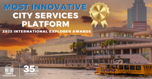 Most Innovative City Services Platform, 2025 International Explorer Awards, skyline and river scene.