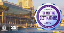 Cvent Top Meeting Destinations North America 2025 badge over a waterfront Tampa Convention Center