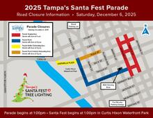 Map of 2025 Tampa's Santa Fest Parade route and road closures on December 6.