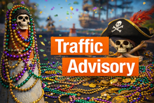 Pirate-themed "Traffic Advisory" with beads and coins.