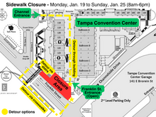 Sidewalk closure map with detour routes near Tampa Convention Center.
