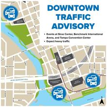Downtown map with traffic advisory for events and heavy traffic areas.