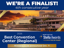A promotional graphic, named Stella 2026 Finalist.png, features a vibrant sunset photograph of the waterfront Tampa Convention Center framed by dark blue banners. The top banner displays the text "WE'RE A FINALIST! 4th consecutive year" in bold white lettering. The bottom section reads "2026 Best Convention Center (Regional)" alongside the Northstar Stella Awards 10-year celebration logo, finishing with a gold banner at the bottom stating "Winners to be announced Oct. 7!"
