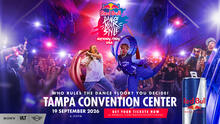 Red Bull Dance Your Style 2026 event graphic with dancers, Tampa Convention Center, colorful lights.