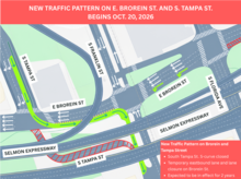 Map showing new traffic pattern on E. Brorein St. and S. Tampa St. starting October 20, 2026.