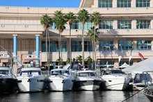 Boats lined up outside the Tampa Convention Center for the Tampa Boat Show