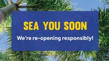Graphic with palm tree background that says "Sea you soon, we're re-opening responsibly!"