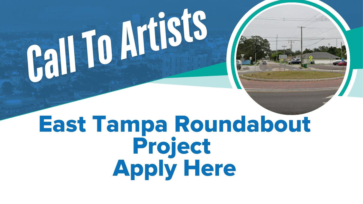 Call to artists for East Tampa Roundabout Project. Circular inset of a road scene.