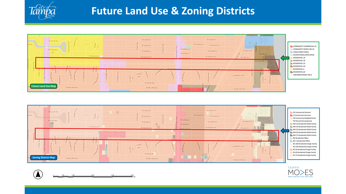 Graphic showing El Prado Boulevard future land use and zoning district maps with color-coded areas.