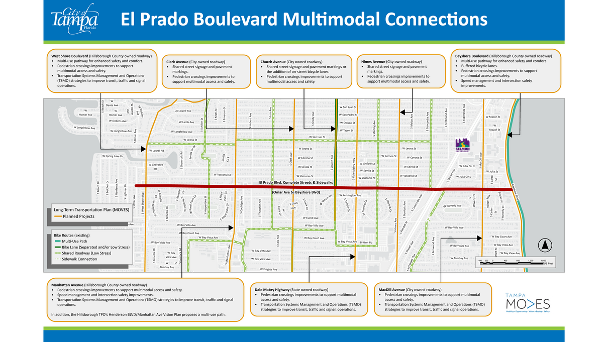 Graphic map showing El Prado Boulevard multimodal connections and key points for transit improvements.