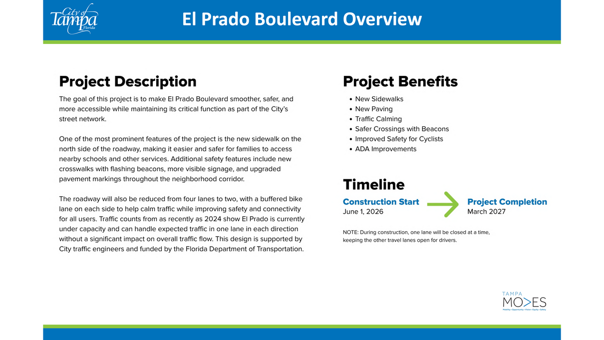 Graphic overview of the El Prado Boulevard project with description, benefits, and a 2025 completion timeline.
