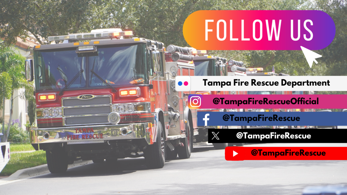 Follow us on social media graphic with fire truck background; includes icons for Facebook, Instagram, Twitter, YouTube.