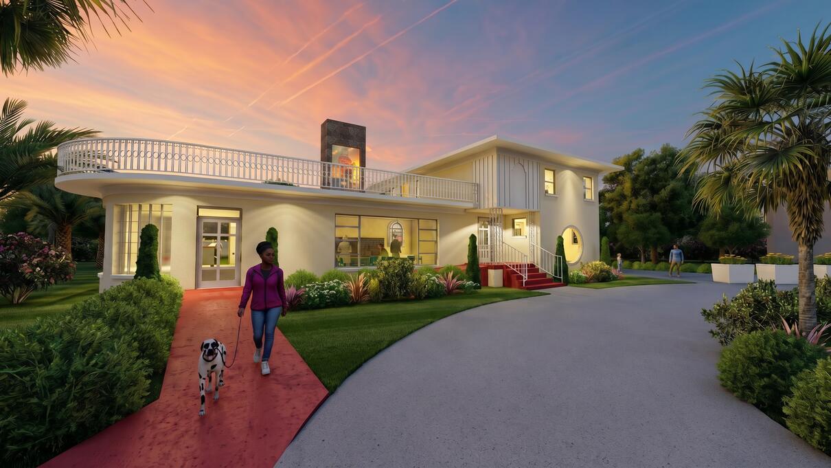Modern architectural rendering of a house at sunset, with a person walking a dog on a path.