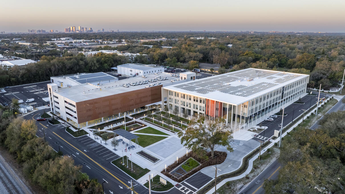 Hanna Avenue Municipal Center aerial view, modern building with parking and greenery.