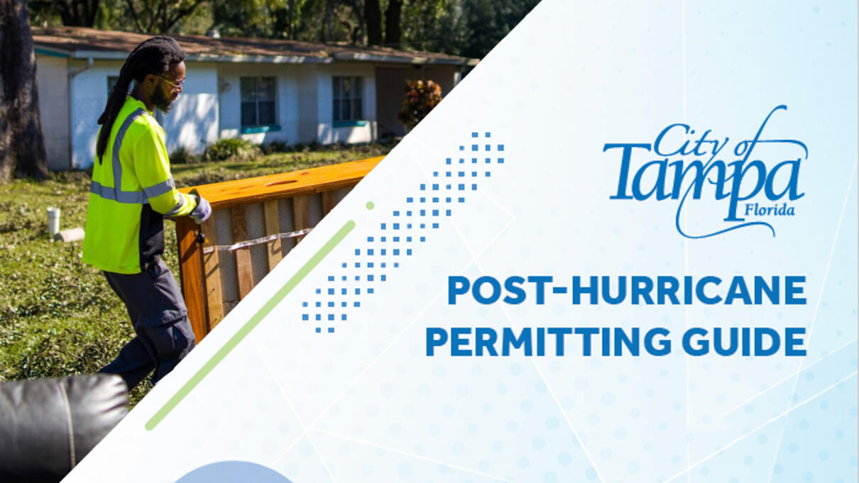 City of Tampa "Post-Hurricane Permitting Guide" cover with worker and residential area.