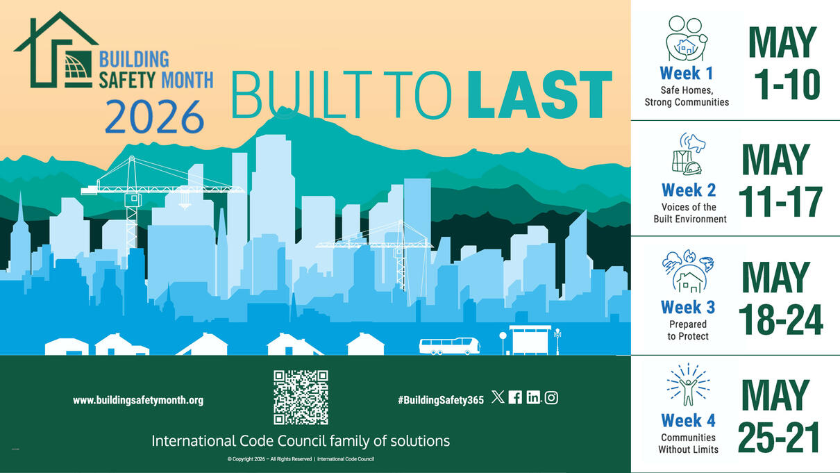 Building Safety Month 2026 graphic titled "Built to Last" with themed week details.