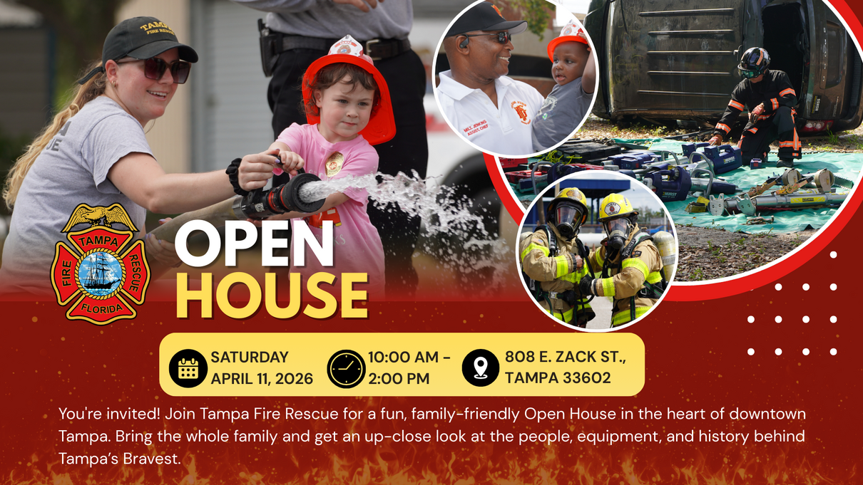 Open House event flyer with date, time, location details, and photos of fire department activities.
