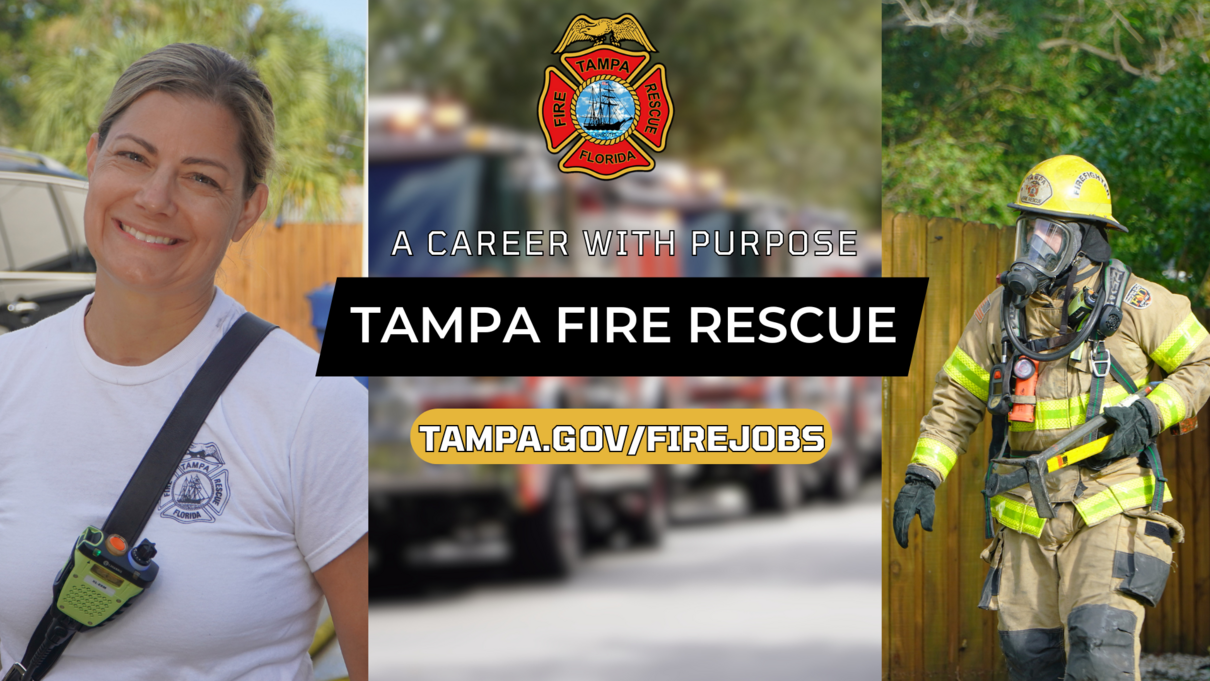 Tampa Fire Rescue recruitment banner with firefighter images and website link.
