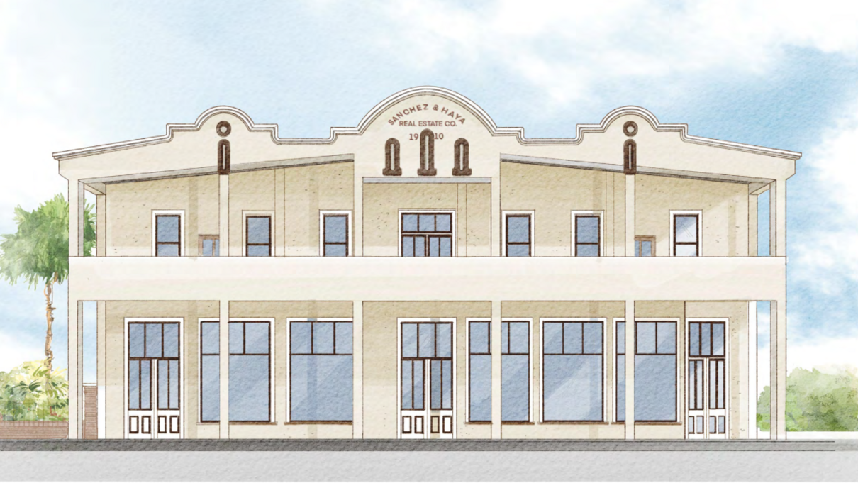 Historic Sanchez y Haya building sketch, featuring a two-story structure with decorative arches.