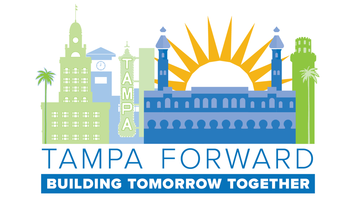 Tampa Forward logo with skyline and sunrise, text: "Building Tomorrow Together."