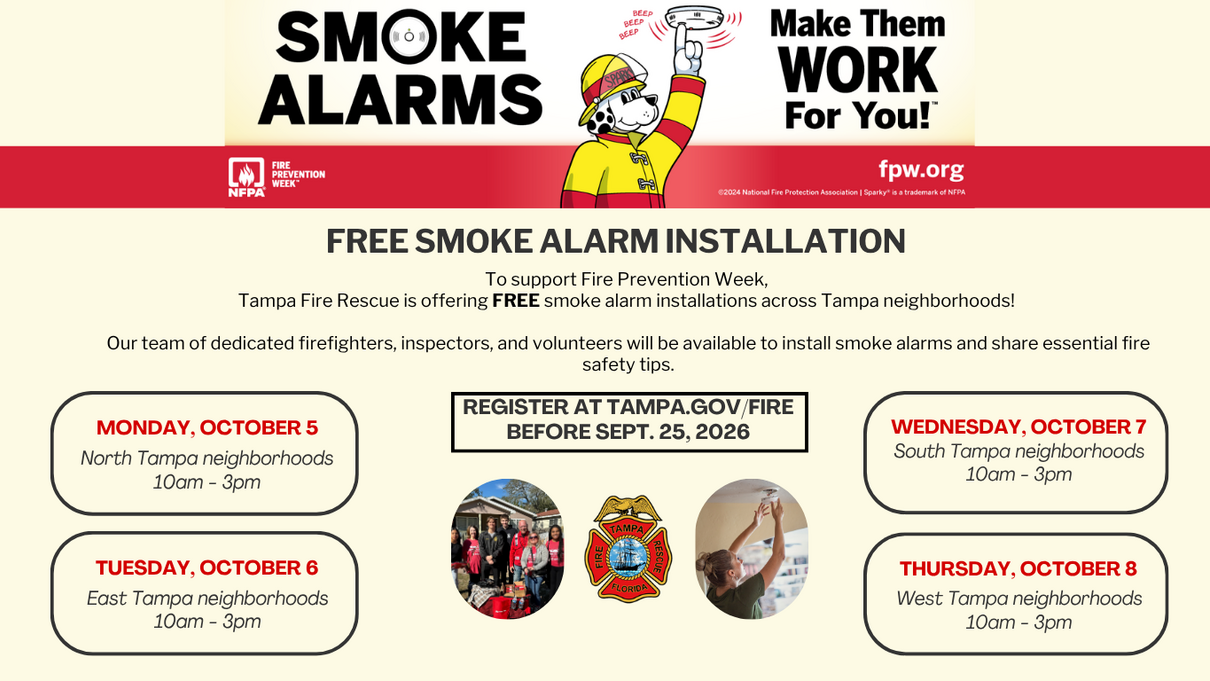 Free smoke alarm installation event details and schedule for Tampa neighborhoods.