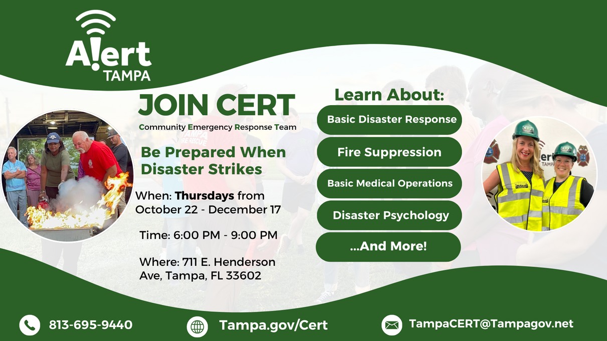 Winter 2026 CERT flyer with training dates, location, and list of emergency preparedness topics.