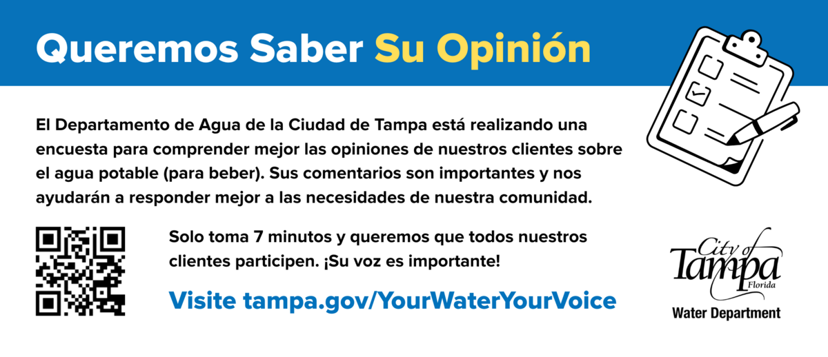 Tampa Water Department survey announcement in Spanish with a QR code and website link.