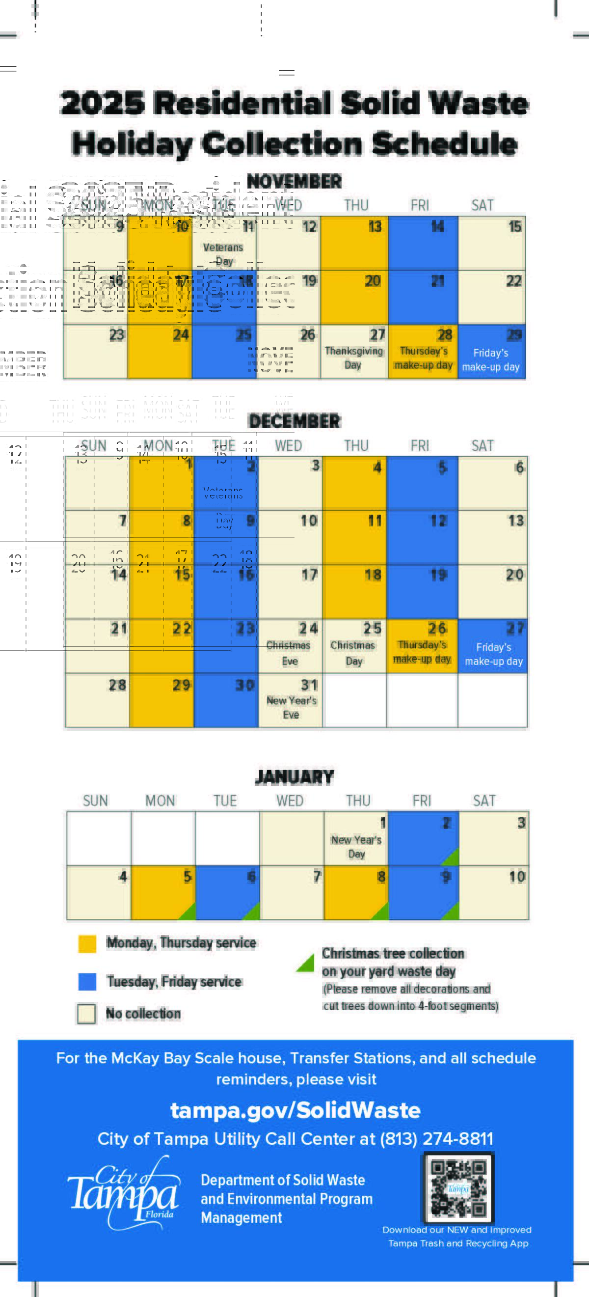 Solid waste holiday collection schedule with highlighted dates and color-coded changes.