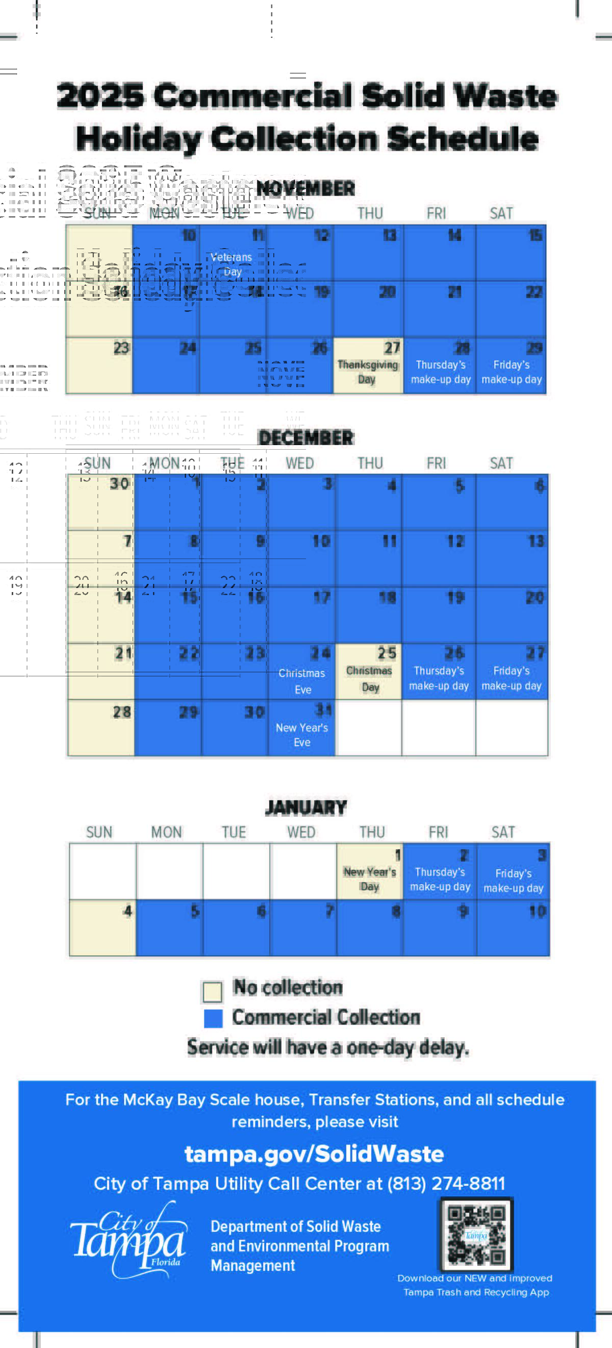Solid waste holiday collection schedule with blue highlighted collection days.