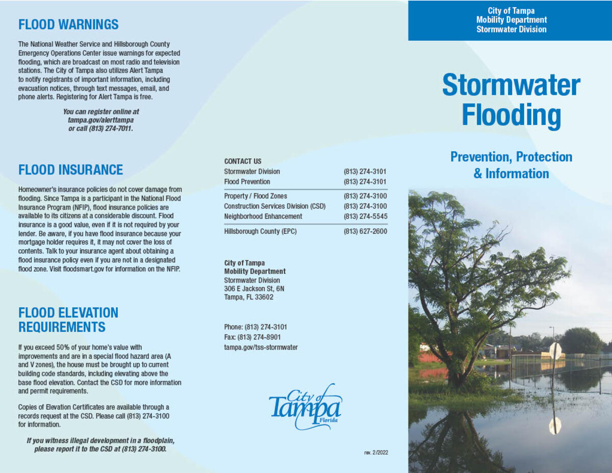 Stormwater Flooding brochure with flood warnings and prevention tips by City of Tampa.