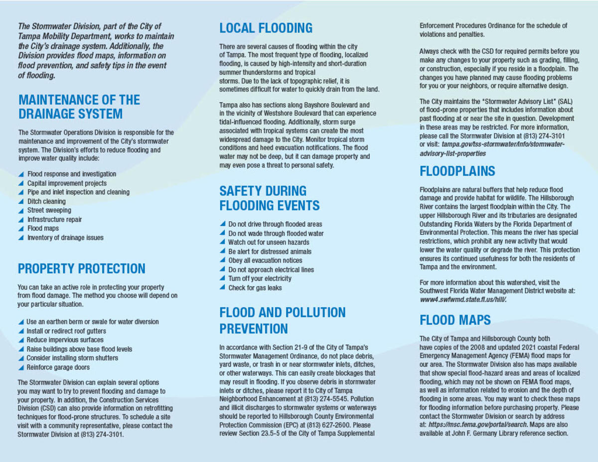 Informational graphic about flood safety, drainage, and property protection.