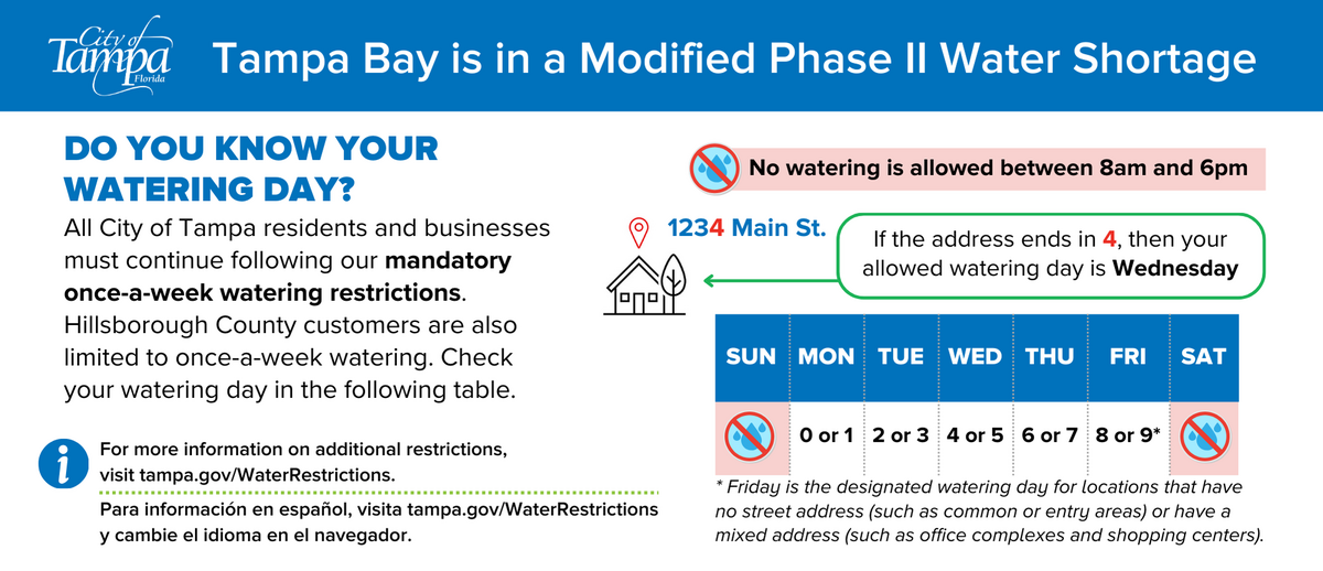 The Tampa Bay area is in a water shortage. Learn more at tampa.gov/waterrestrictions.