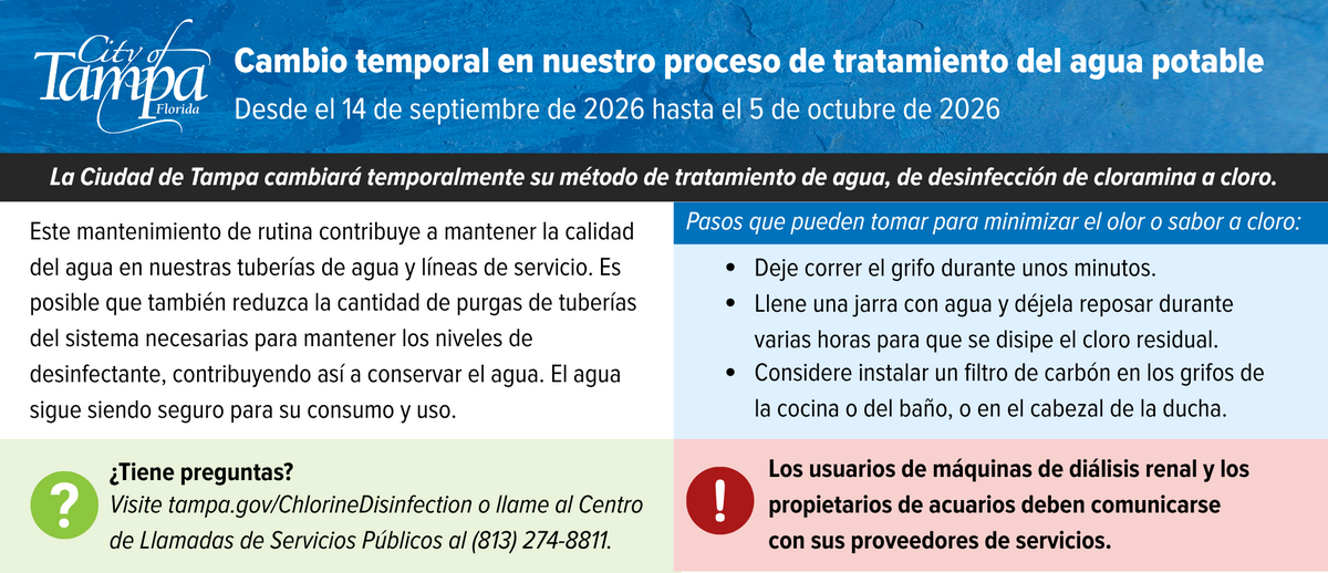 La Ciudad de Tampa cambiará temporalmente su método de tratamiento de agua, de desinfección de cloramina a cloro.