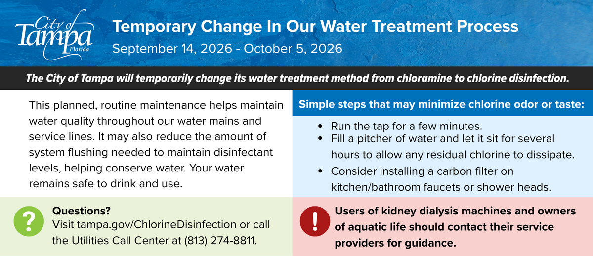 The Tampa Water Department will temporarily change its disinfection process.
