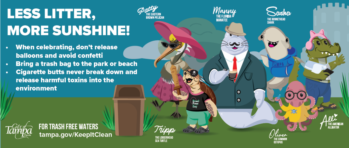 Cartoon animals promote anti-littering tips; text reads "Less Litter, More Sunshine!" with a trash bin.